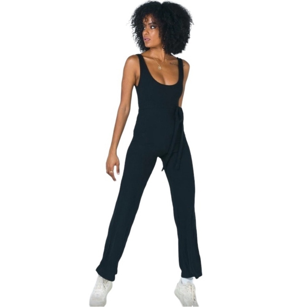 Callie small jumpsuit in black ribbed tie around waist slim leg deep scoop neck‍